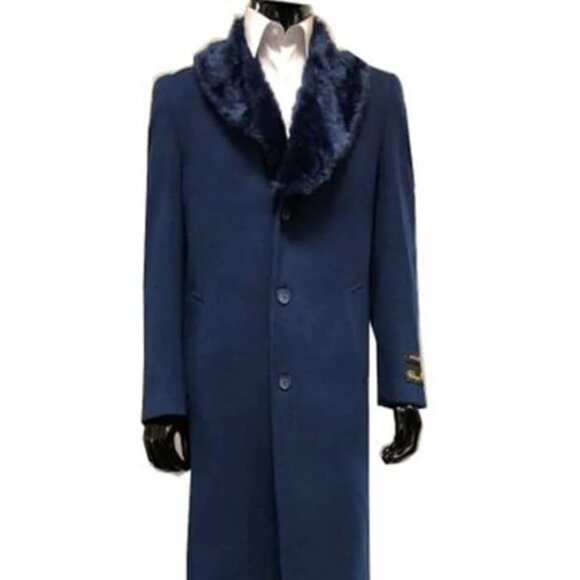 Mens Wool Overcoat With Fur Collar Full Length 48 Inches Blue Color - Navy Blue - Picture 1 of 2